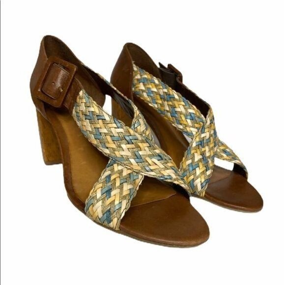 Schutz Woven Leather Block Heel Sandals 8 - Picture 1 of 6